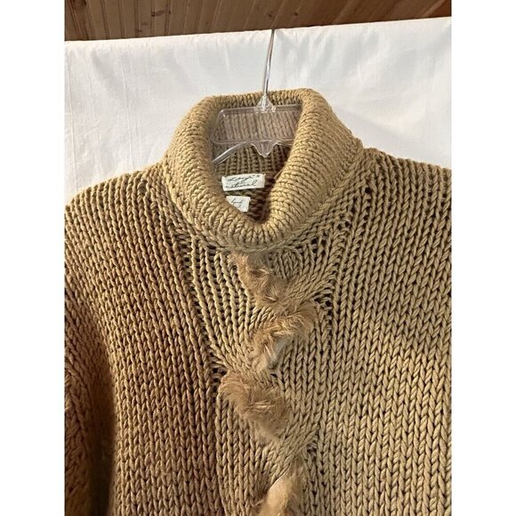 Kenji Natural Chunky Hand Knit Brown Rabbit Fur Trim Pullover Sweater Size XL - Picture 3 of 8